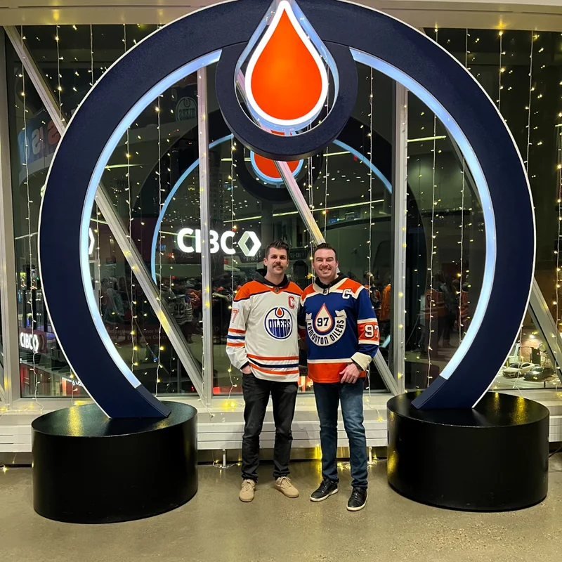 Jacob Johnson in an Oilers jersey at Rogers Place in Edmonton